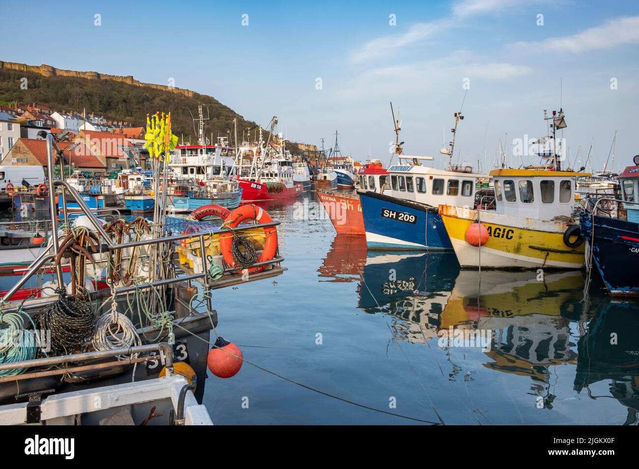 Colourful boats in Scarborough harbour on the north yorkshire coast Stock Photo