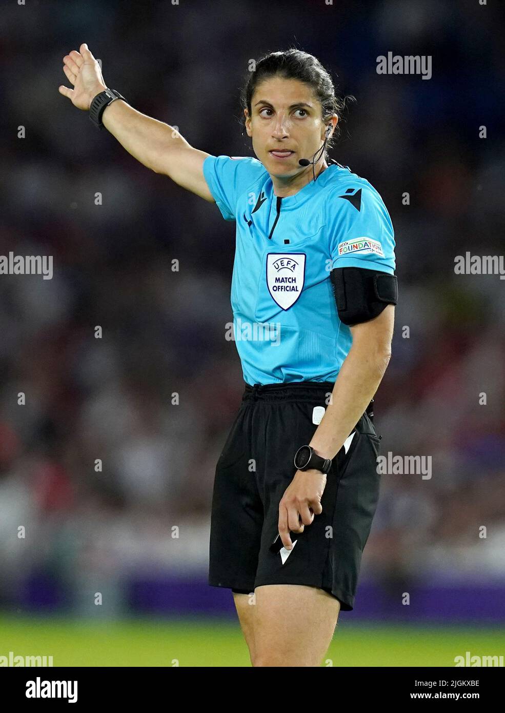 Referee Riem Hussein during the UEFA Womens Euro 2022 Group A match at the Brighton and Hove Community Stadium