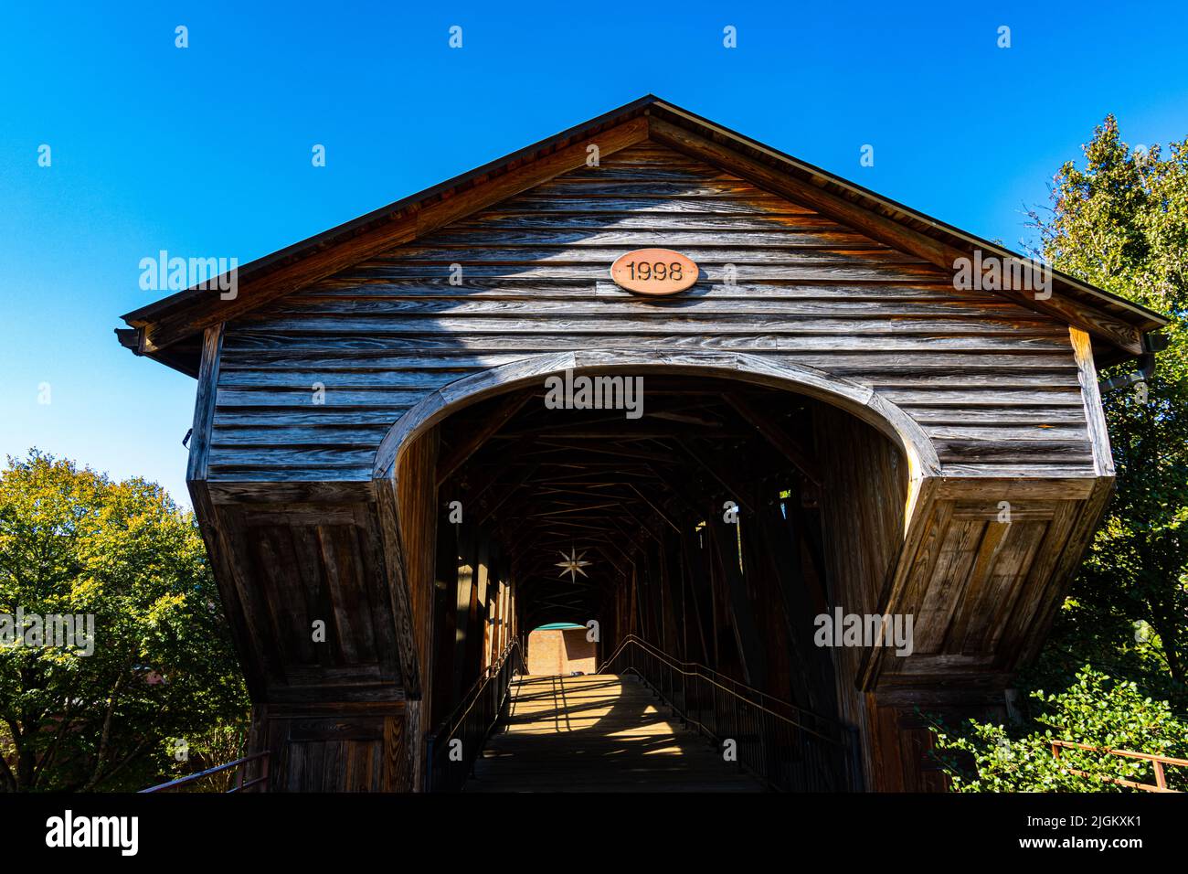 Replica of Early Covered Bridge in Old Salem Historic District, Winston-Salem, North Carolina, USA Stock Photo