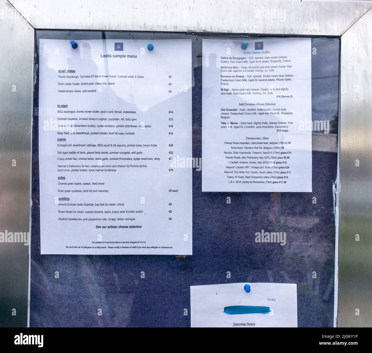 The sample menu displayed outside Lock’s Restaurant, Windsor Terrace, Portobello, Dublin, Ireland. Stock Photo