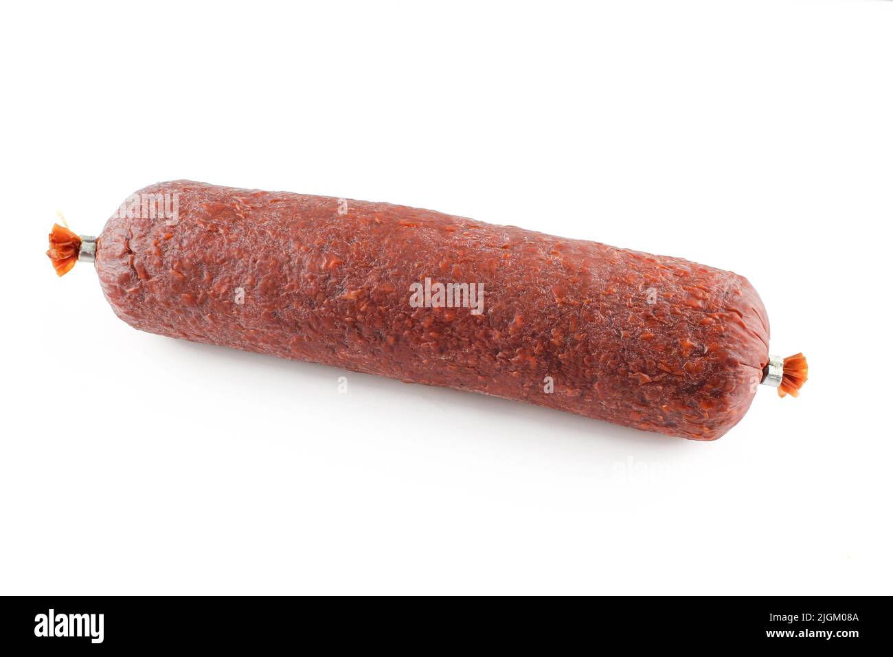 Smoked pepperoni beef sausage isolated on white background Stock Photo