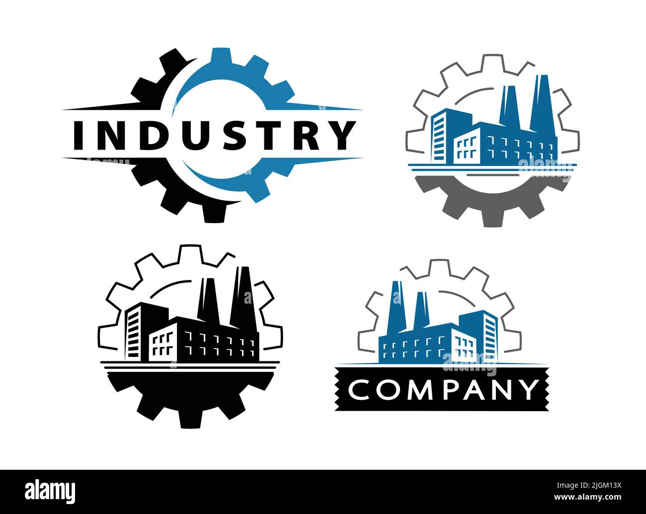 Factory with pipe and gear wheel logo. Industry emblem or badge. Industrial concept set vector Stock Vector
