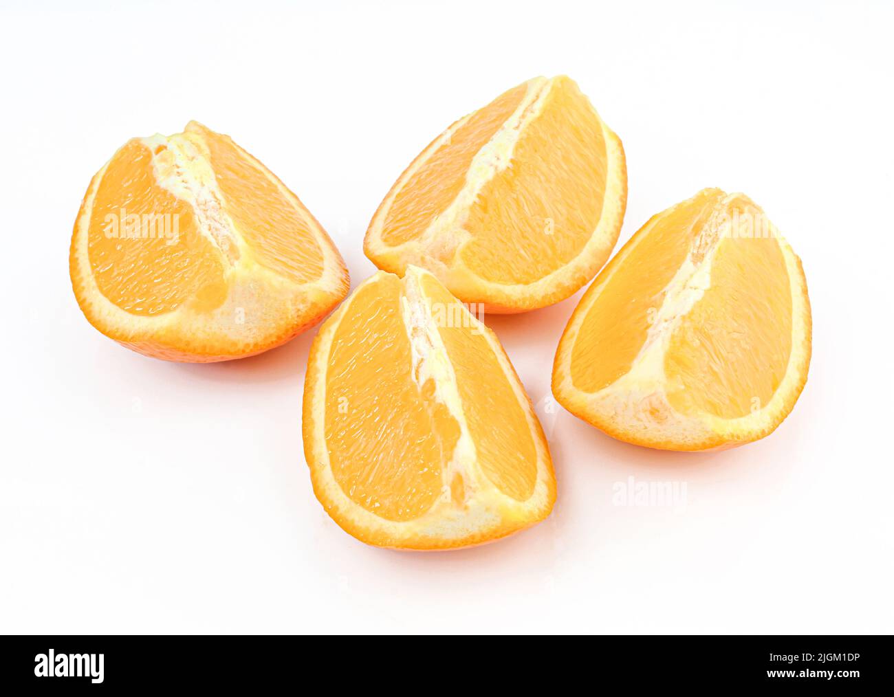 Fresh orange slices isolated on white background. Fruit quarters Stock