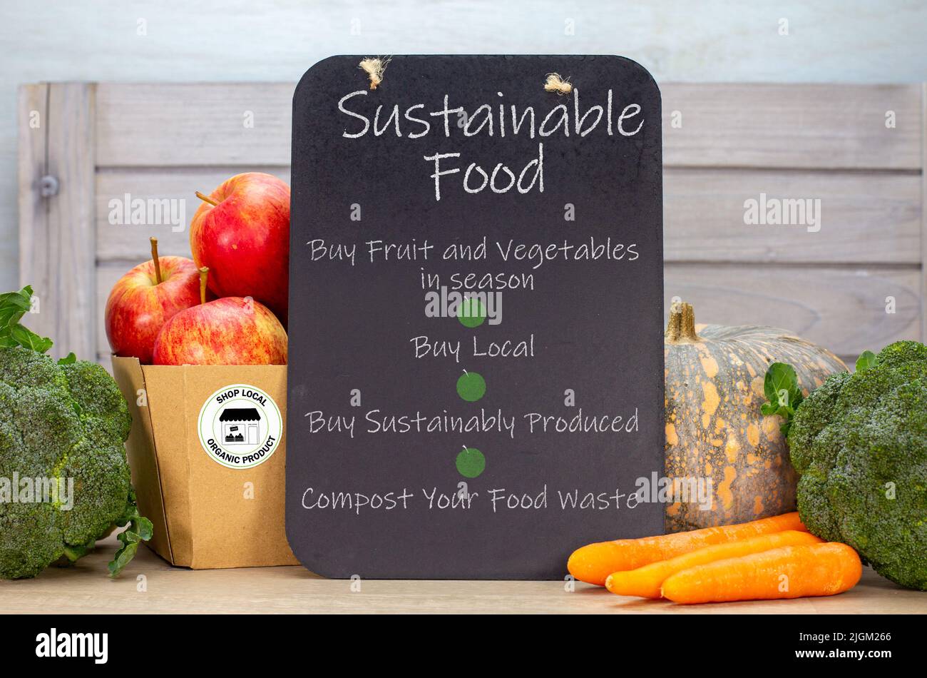 Chalkboard with Sustainable food heading and list of ways eat sustainably, sustainable living and ethical consumerism. Stock Photo