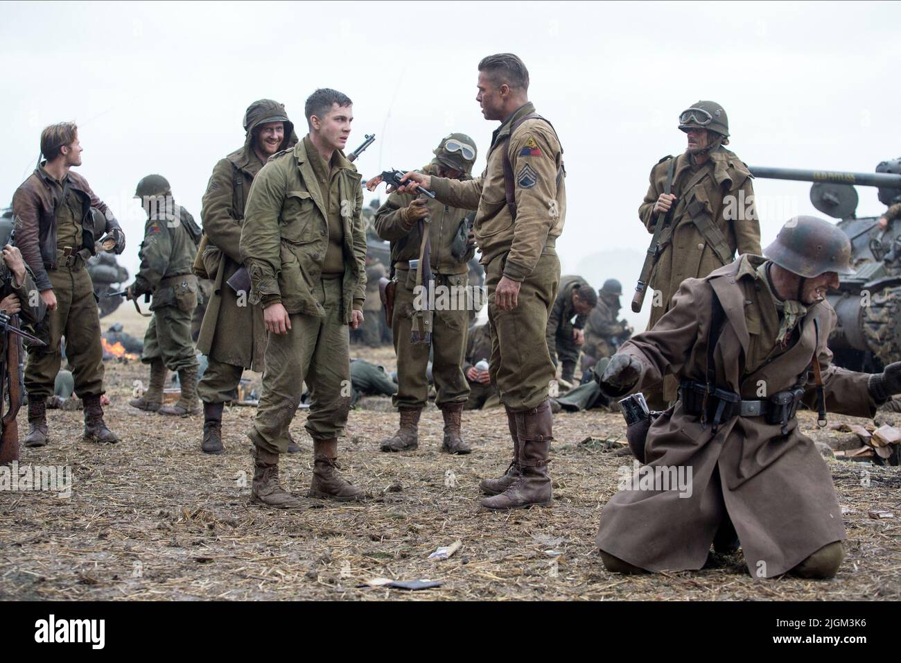 BRANKO TOMOVIC, LOGAN LERMAN, BRAD PITT, FURY, 2014 Stock Photo