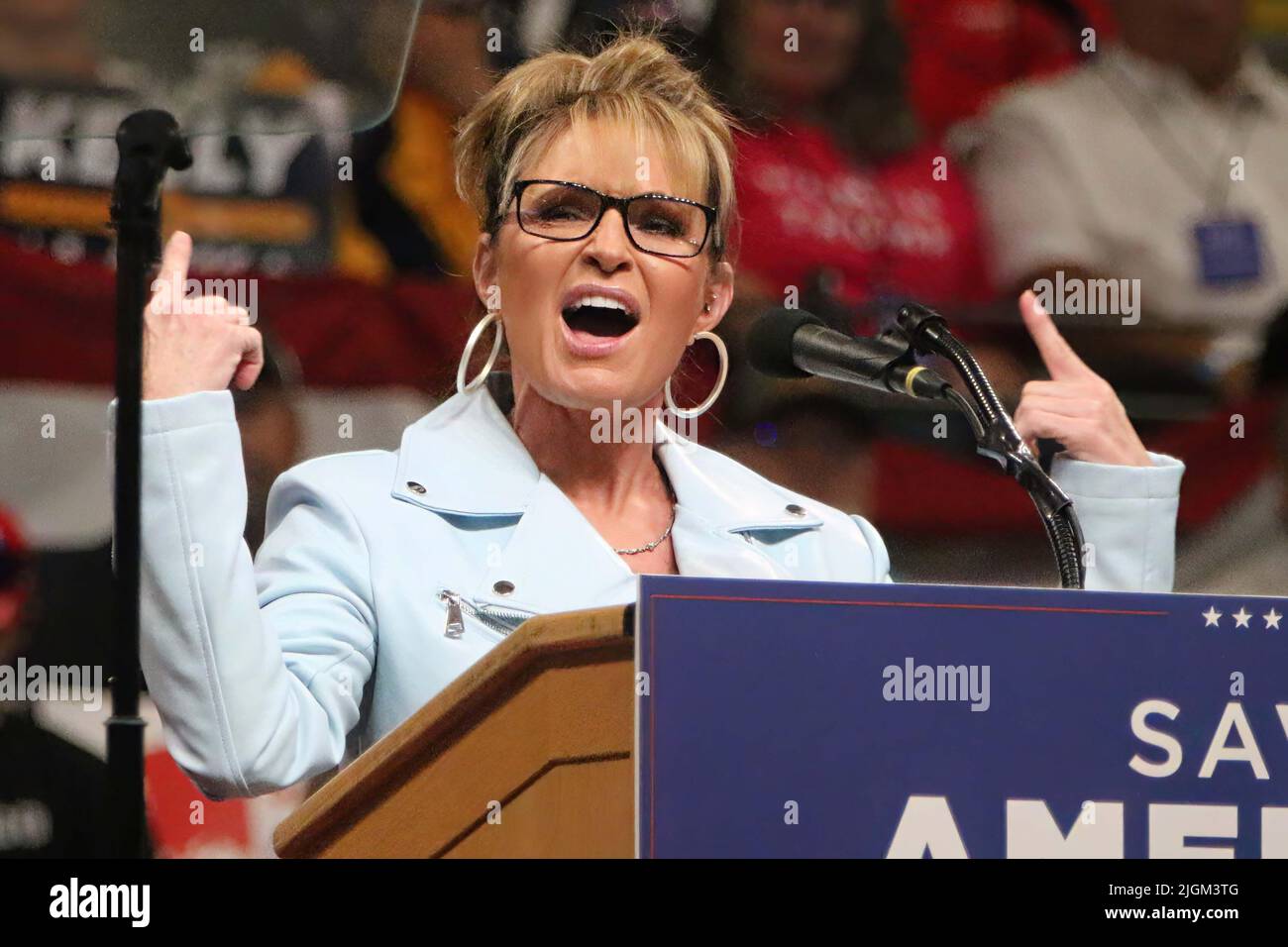 Anchorage, Alaska, USA. 9th July, 2022. Former Alaska Governor and Vice President candidate Sarah Palin speaks during a Save America rally. Palin, who is endorsed by President Donald Trump, is running for Alaska's congressional seat left vacant by the death of Congressman Don Young. Credit: Al Grillo/ZUMA Press Wire Service/ZUMAPRESS.com/Alamy Live News Stock Photo
