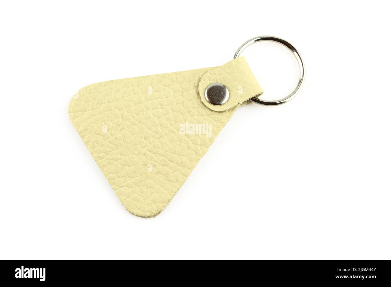 Bright leather keyring with silver ring isolated on white background Stock Photo