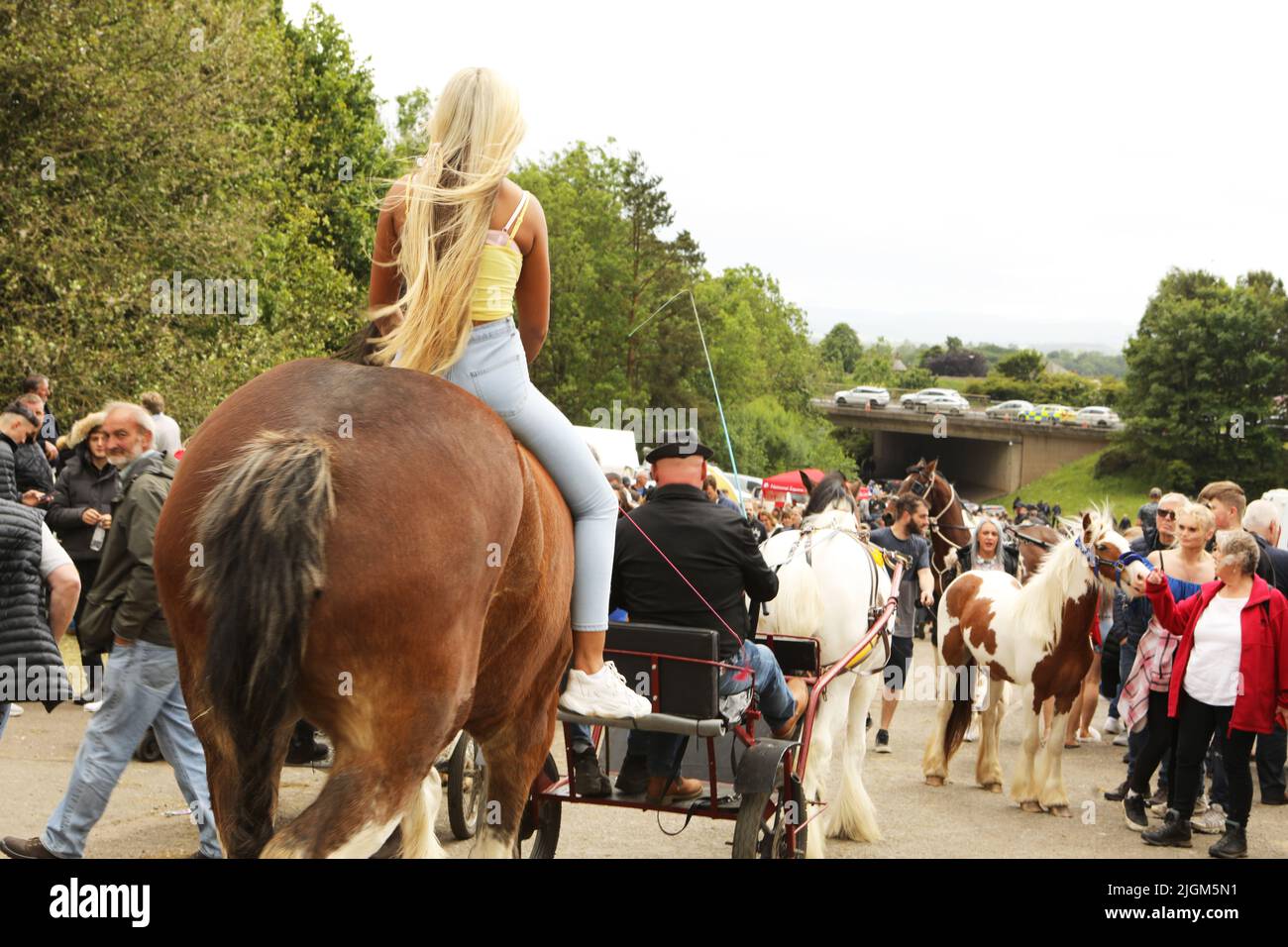A young woman with long blonde hair riding a shire horse along the road.. Appleby Horse Fair, Appleby in Westmorland, Cumbria, England, United Kingdom Stock Photo
