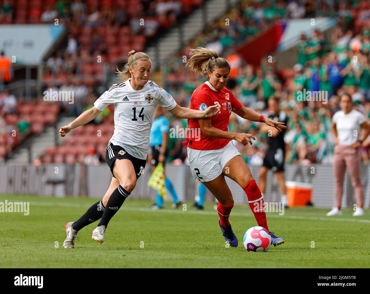 Southampton, Hampshire, UK. 11th July 2022, Saint Mary's Stadium, Southampton, Hampshire, England: Womens European International football tournament; Austria versus N. Ireland; Lauren Wade of Northern Ireland competes with Marina Georgieva of Austria for the ball Credit: Action Plus Sports Images/Alamy Live News Stock Photo