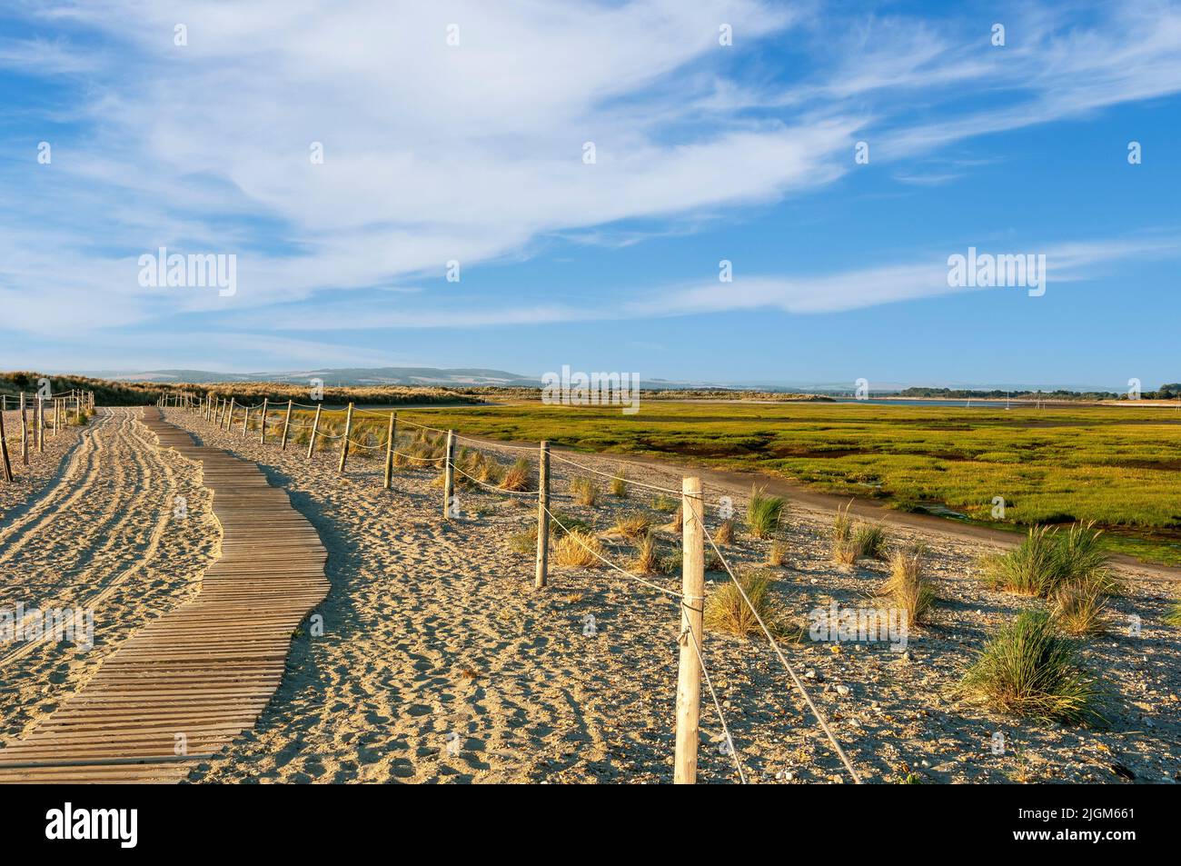 A boardwalk across the sands at East Head in an attempt to limit erosion, West Wittering, West Sussex, England, UK Stock Photo