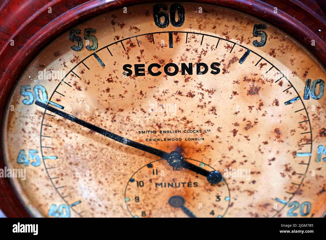 Seconds - Smiths English Clocks, Cricklewood London, distressed dial ,shallow focus Stock Photo