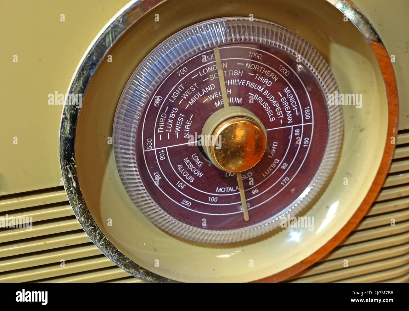 Bush brand , old fashioned classic circular radio dial, Long, Medium wave, Moscow, Brussels, Munich, Third, Light, London, Midland, Budapest frequency Stock Photo