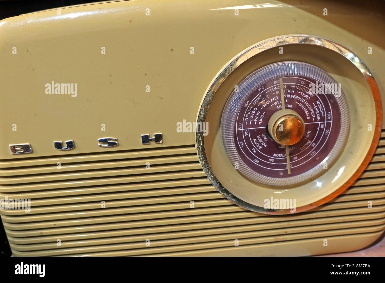 Bush brand , old fashioned classic circular radio dial, Long, Medium wave, Moscow, Brussels, Munich, Third, Light, London, Midland, Budapest frequency Stock Photo