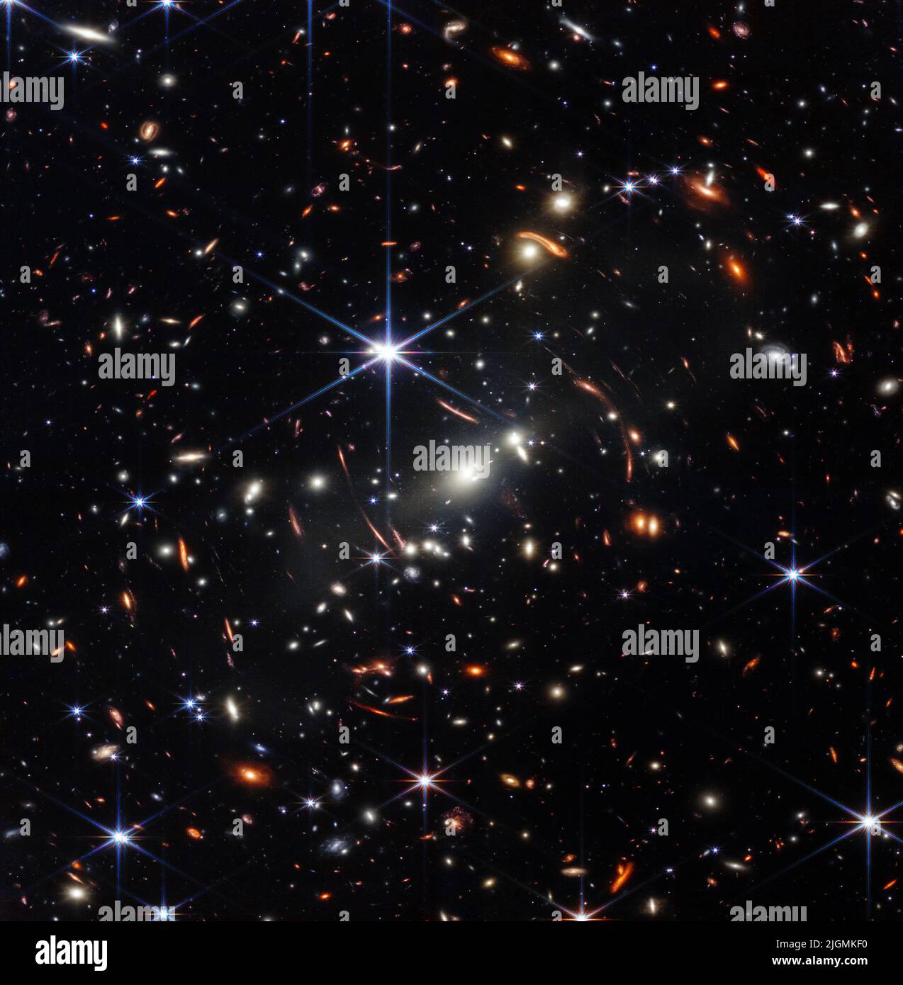 James Webb Telescope’s First Deep Field, Galaxy cluster SMACS 0723. NASA’s James Webb Space Telescope has produced the deepest & sharpest infrared image of the distant universe to date. Thousands of galaxies, including the faintest objects ever observed in the infrared, have appeared in Webb’s view for the first time. This slice of the vast universe covers a patch of sky approximately the size of a grain of sand held at arm’s length by someone on the ground.12 July 2022  Credit: NASA, ESA, CSA, and STScI / Alamy Live News Stock Photo