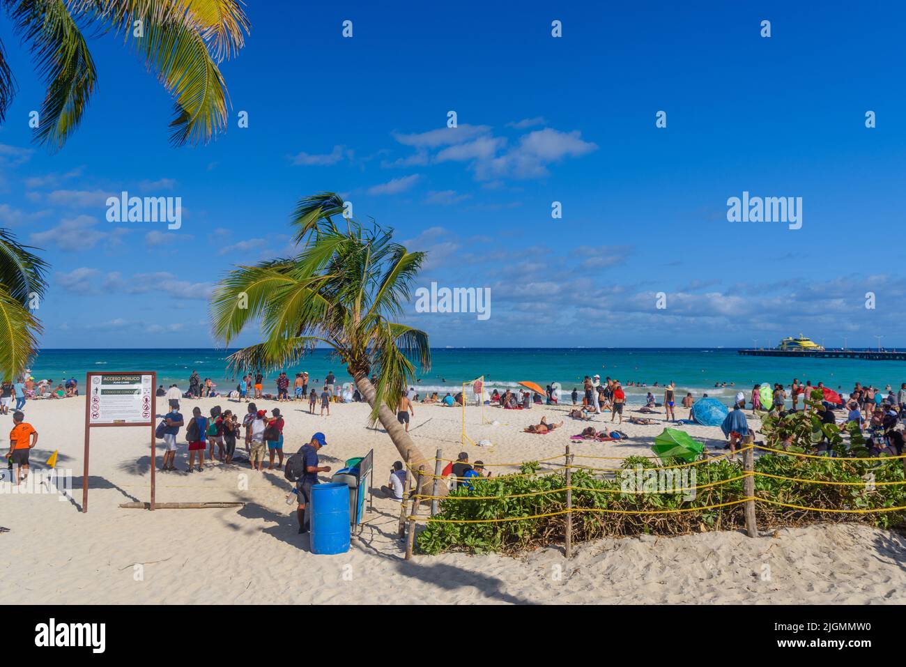 People on the sandy beach with cocos palms in Playa del Carmen, Yukatan, Mexico. Stock Photo