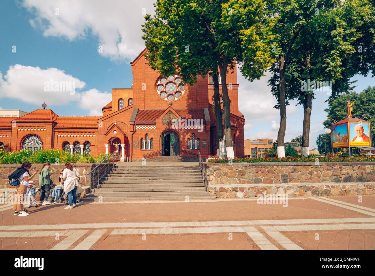 Minsk, Belarus - August 27, 2021  Church of St.Simeon and St.Helena, also known as Red Church is a Roman Catolic church located on the Independence Sq Stock Photo