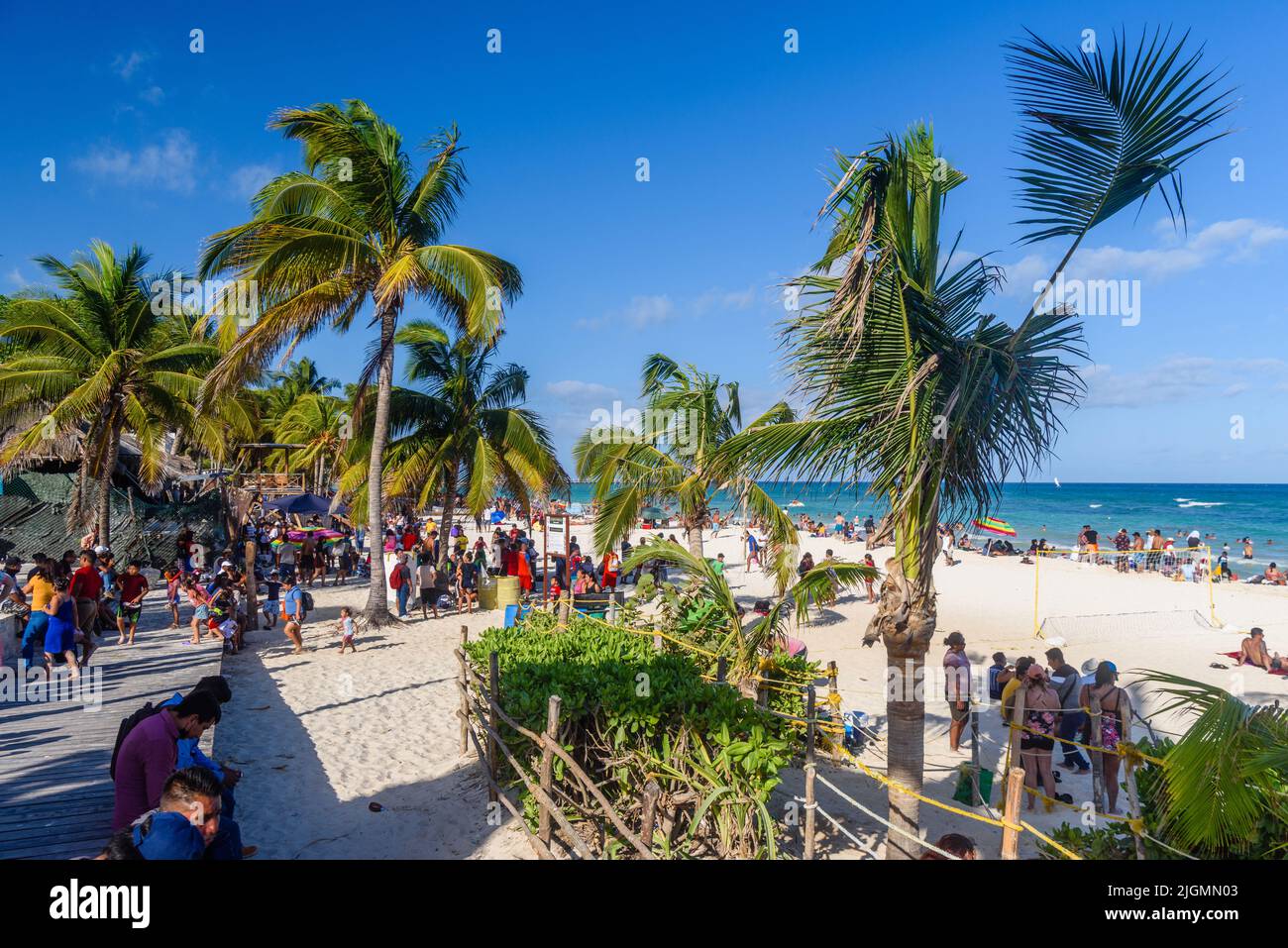 People on the sandy beach with cocos palms in Playa del Carmen, Yukatan, Mexico. Stock Photo