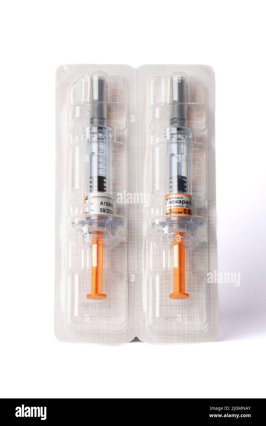 Davis, CA, July 9, 2022. Two Enoxaparin Injections  against white background, centered, above view. This medication is used to prevent blood clots Stock Photo