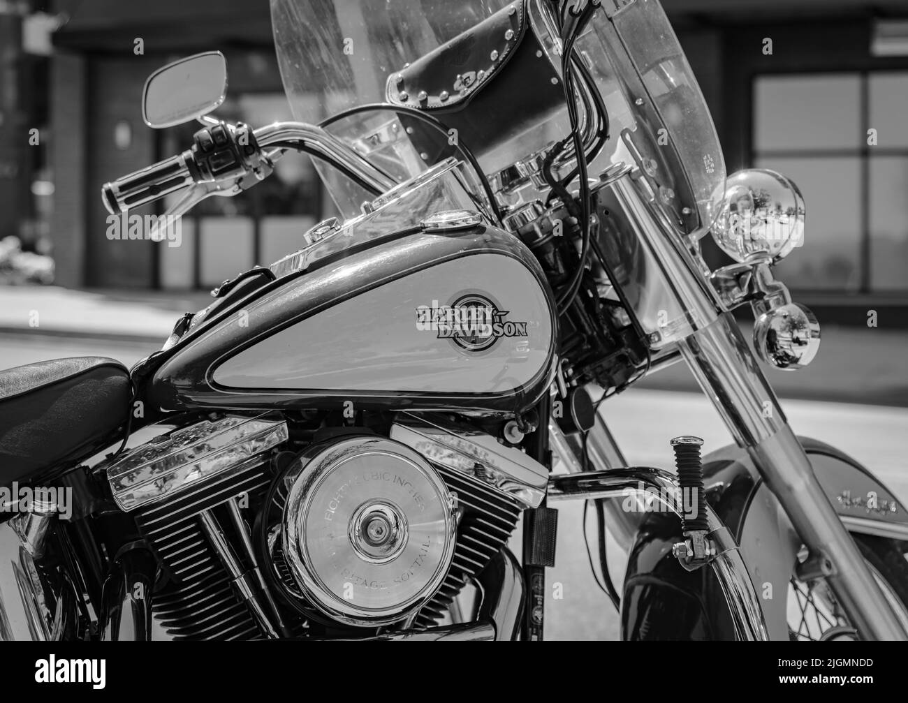 Close-up of motorcycle. Cool Harley. Harley Davidson motorbike in black and white. Nobody, street photo, selective focus, editorial-June 24,2022-Vanco Stock Photo