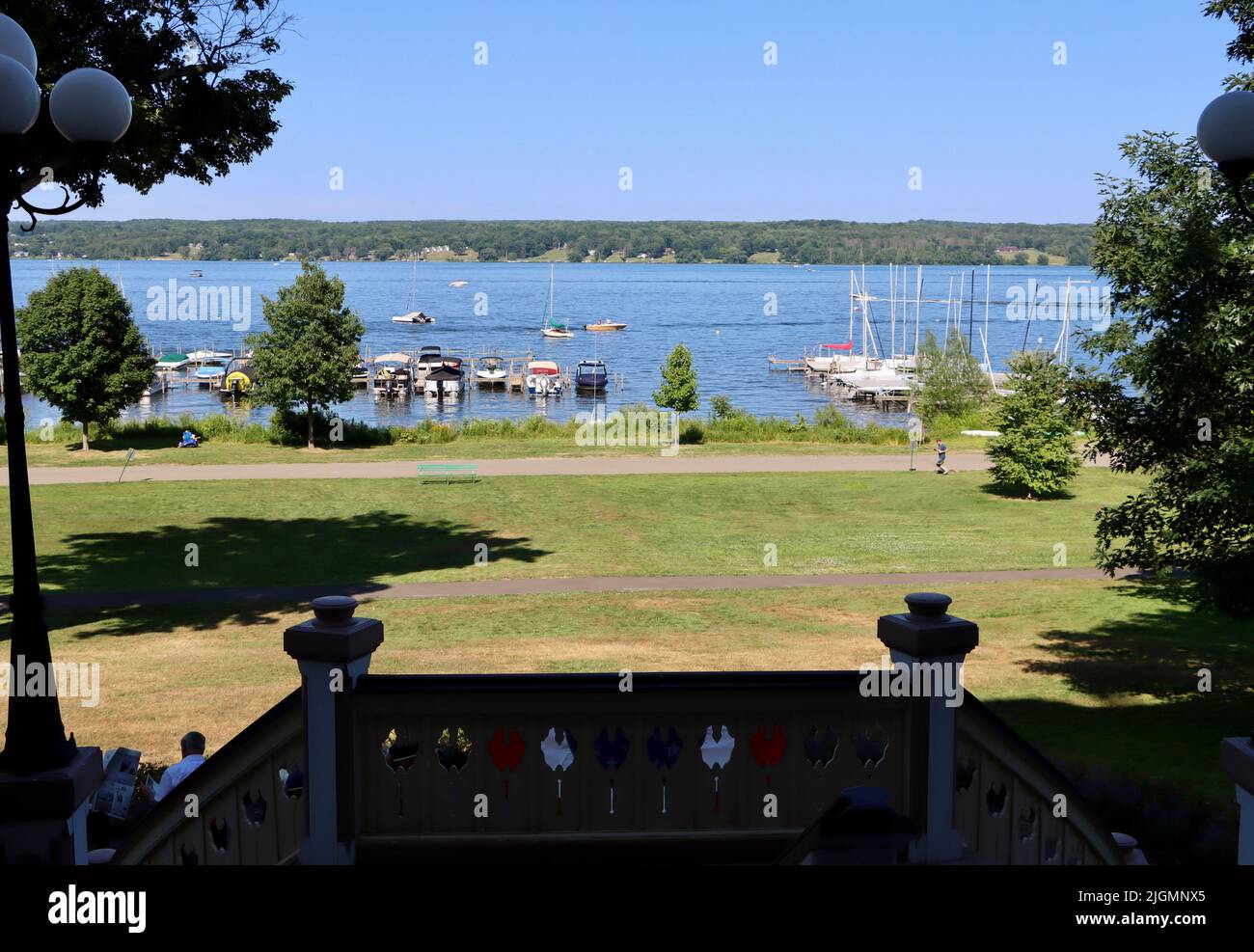 View from the porch of Athenaeum hotel in Chautauqua Institution. Stock Photo