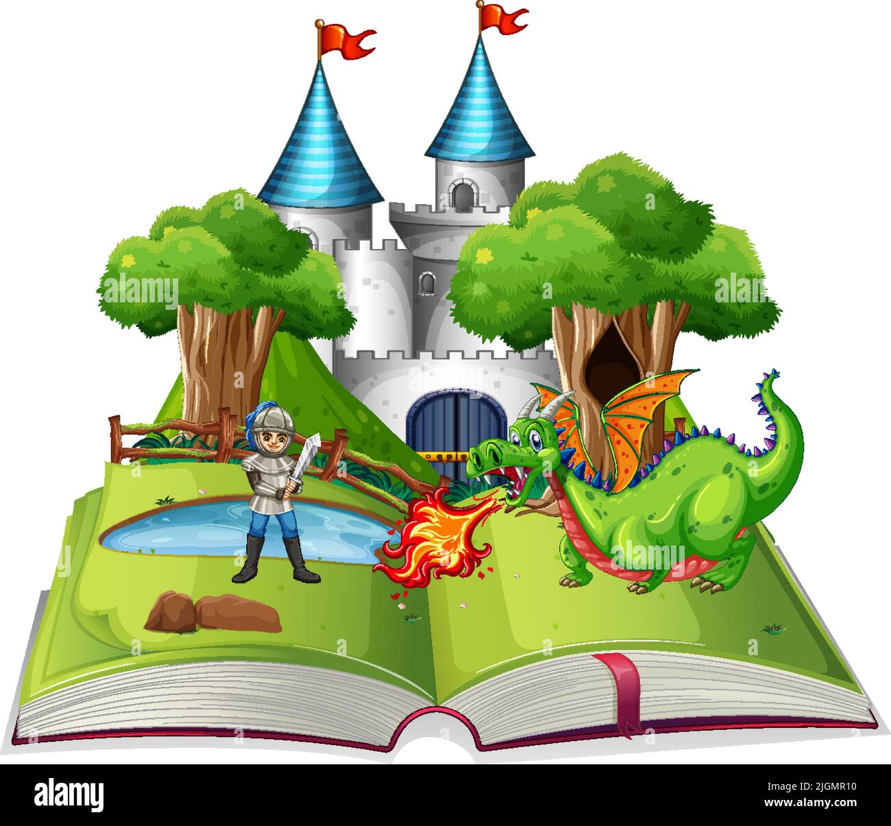 Book with scene of knight and dragon fighting illustration Stock Vector ...