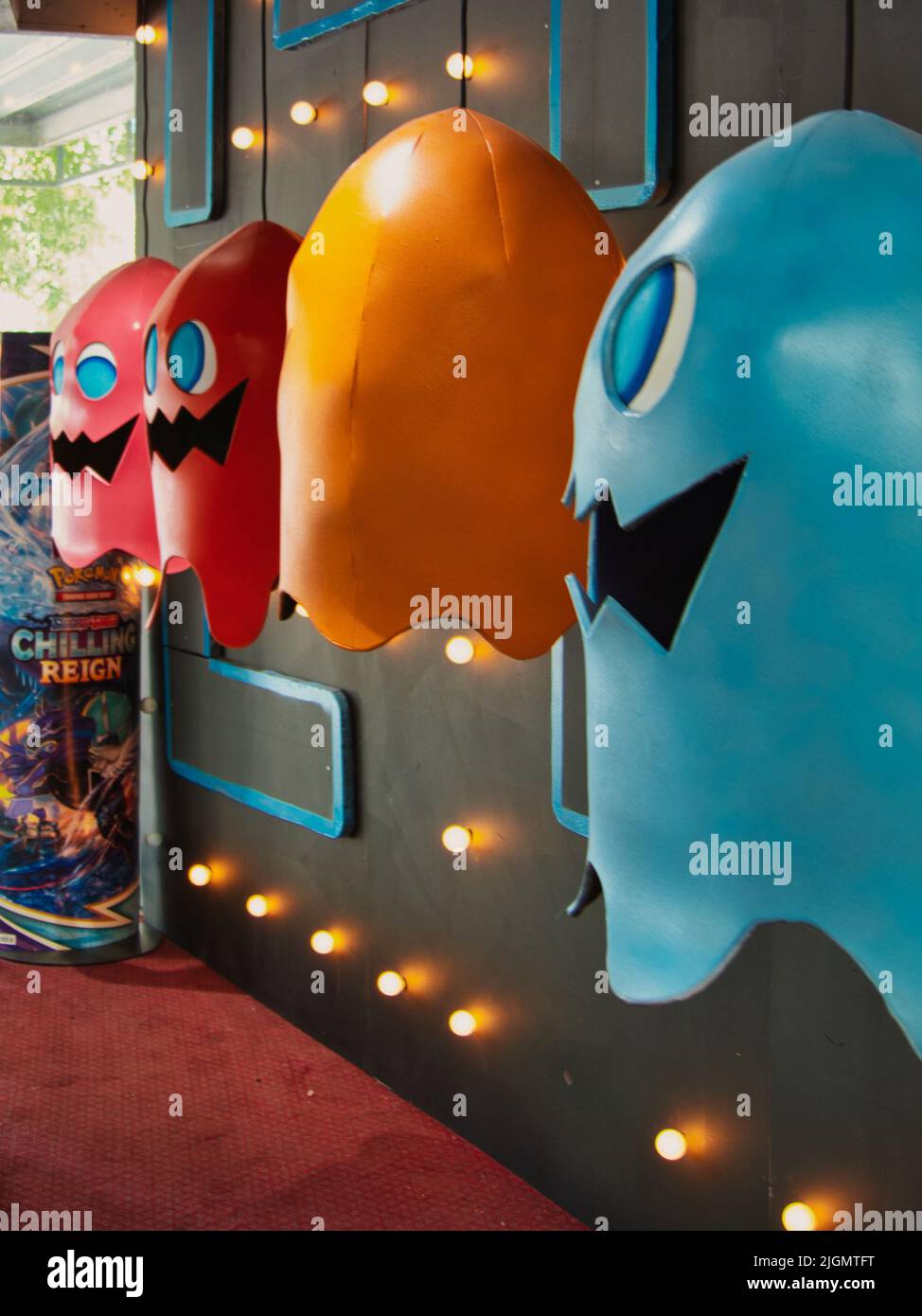 Pac Man Ghoul in Window Display at a Local Video Game Store Stock Photo