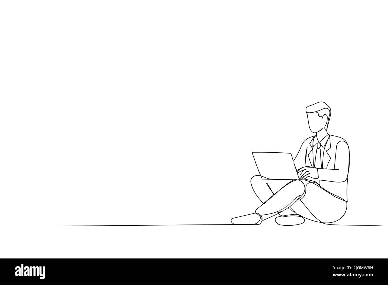 Drawing of young man using a laptop studying on pc technology. One line
