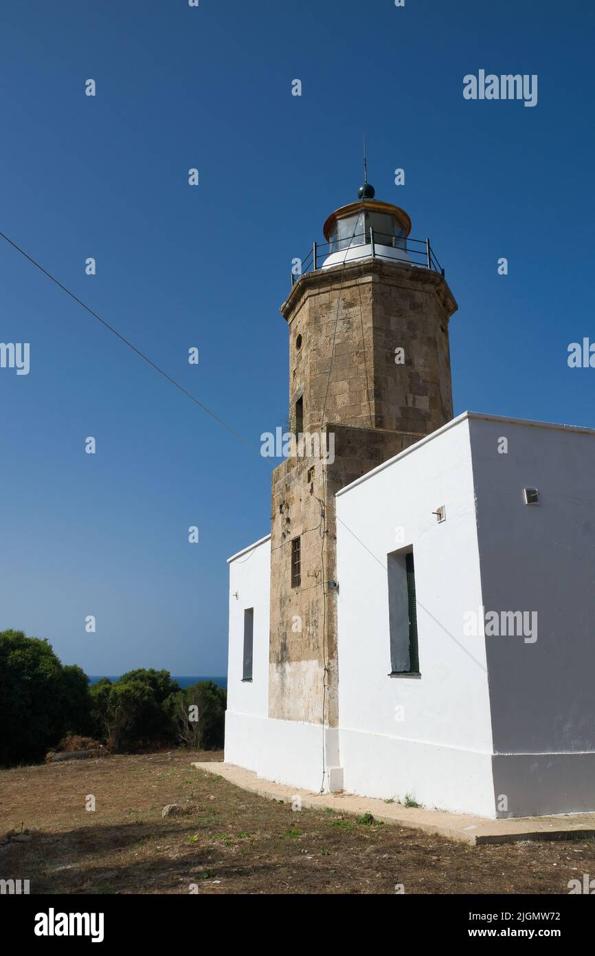 beautiful lighthouse, Katakolo lighthouse was built in 1865 and is of French origin. The stone tower, which is 9 meters high Stock Photo