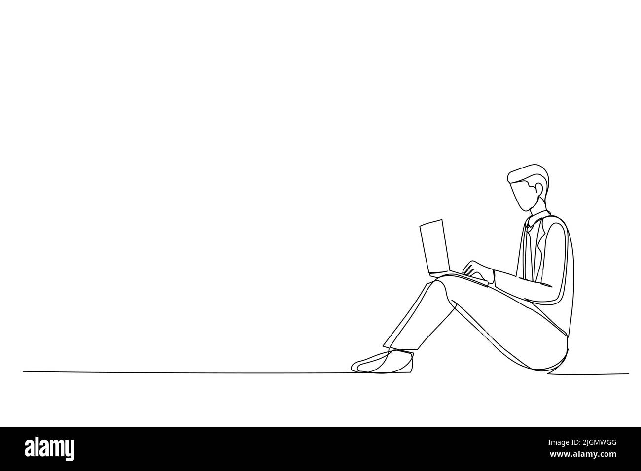 Single line drawing of young man sitting computing computer laptop in isolated white background Stock Vector