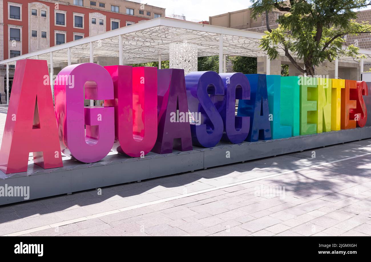 Colorful letters of Aguascalientes central square Plaza de la Patria in front of Cathedral. Stock Photo
