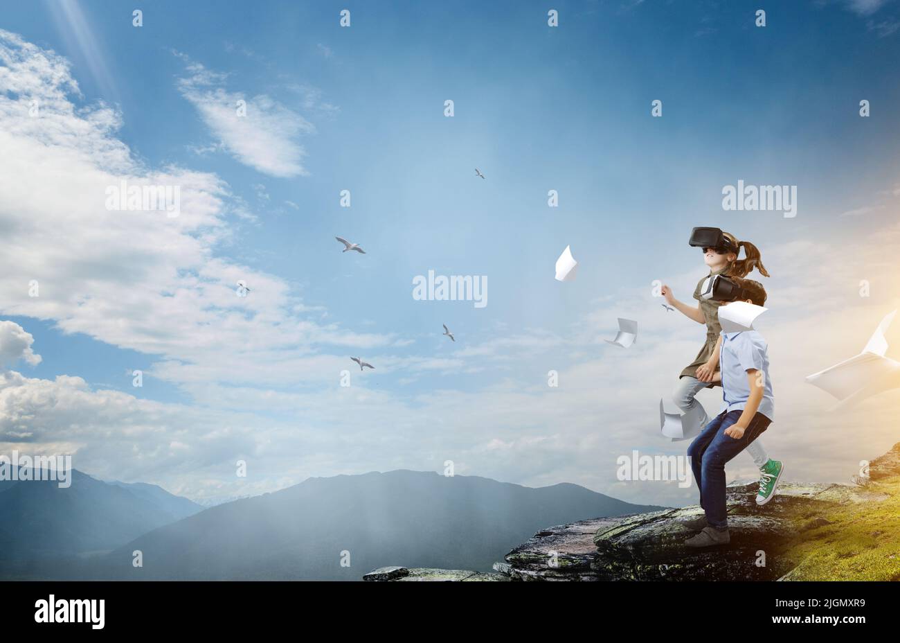 Kids wearing virtual reality goggles stock photo alamy