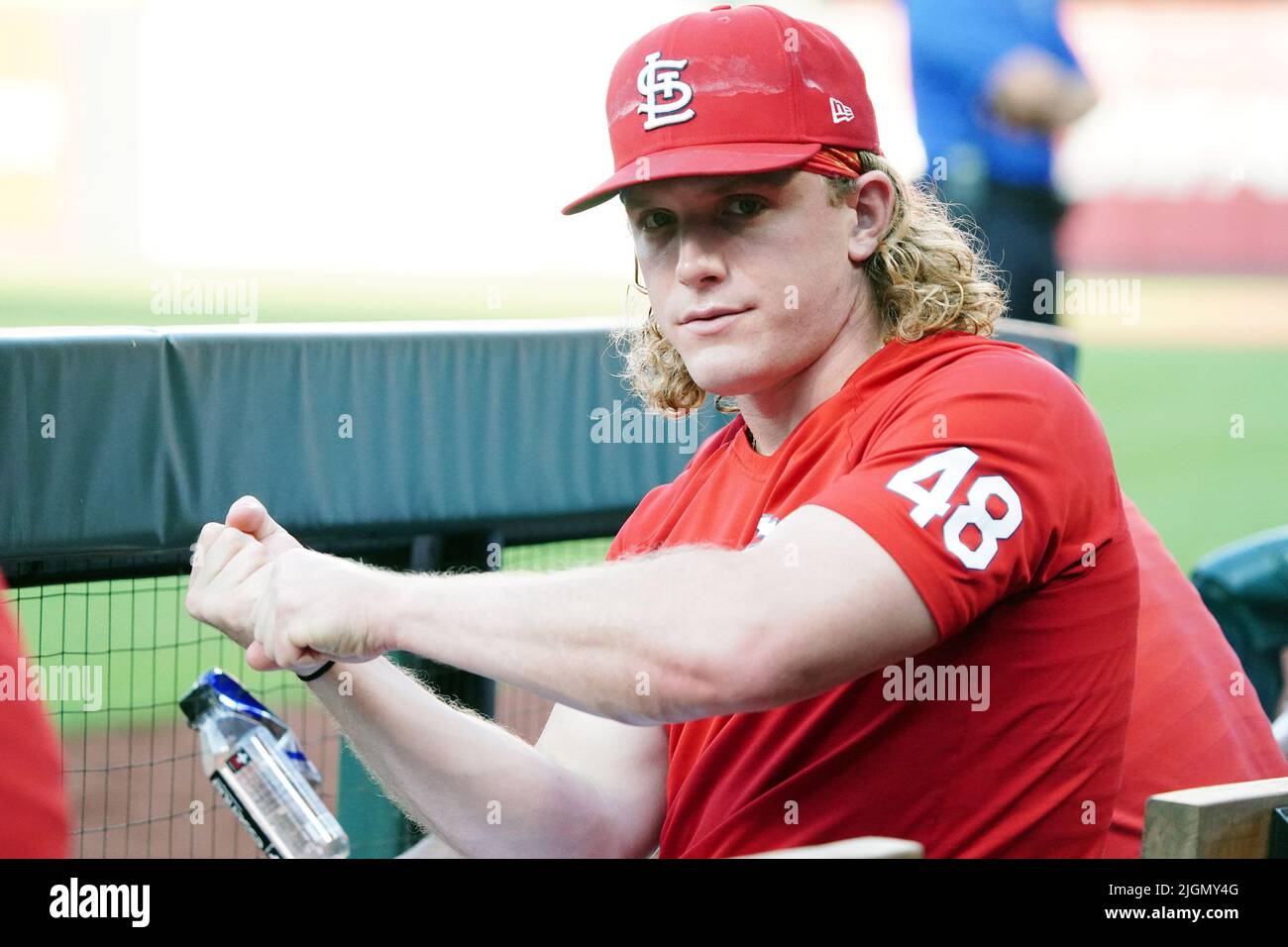 St. Louis, United States. 11th July, 2022. St. Louis Cardinals centerfielder Harrison Bader practices his hitting swing while sitting in the dugout during a game against the Philadelphia Phillies at Busch Stadium in St. Louis on Monday, July 11, 2022. Bader remains on the bench with Plantar Fasciitis. Photo by Bill Greenblatt/UPI Credit: UPI/Alamy Live News Stock Photo