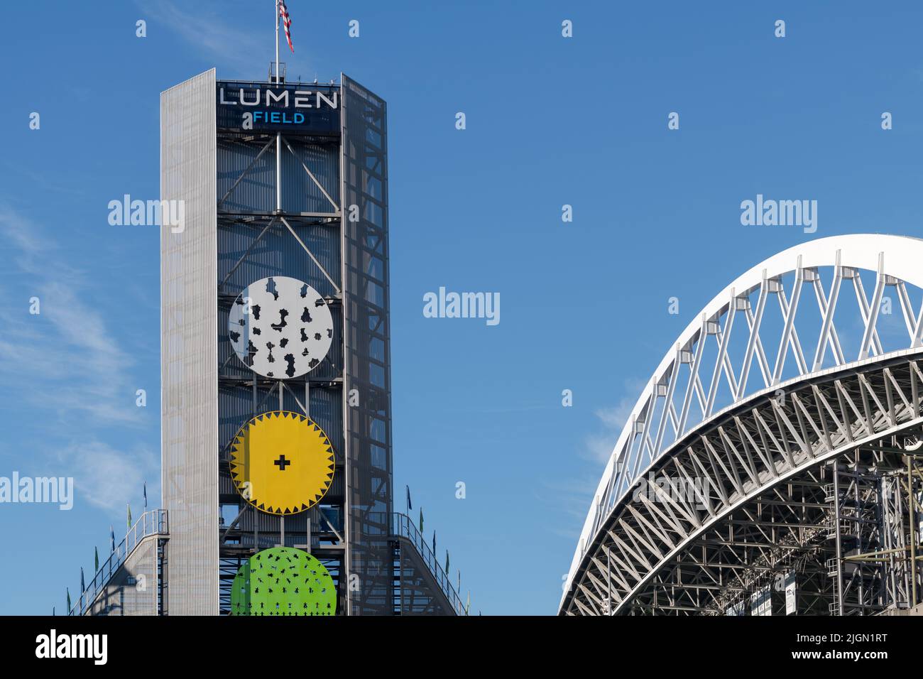 Seattle - July 09, 2022; North Tower and roof arch of Lumen Field stadium in Seattle Stock Photo
