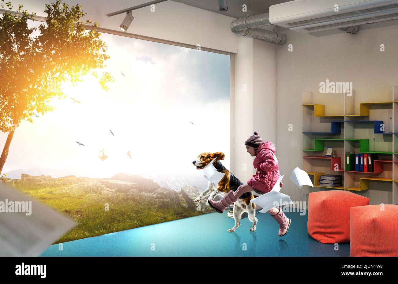 Someone Riding A Dog Girl riding a dog . Mixed media Stock Photo - Alamy
