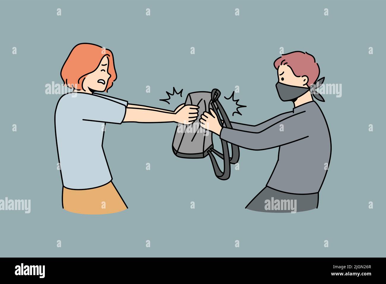 Thief in mask stealing bag from woman on street. Man criminal robbing female outside. Crime and robbery concept. Vector illustration.  Stock Vector