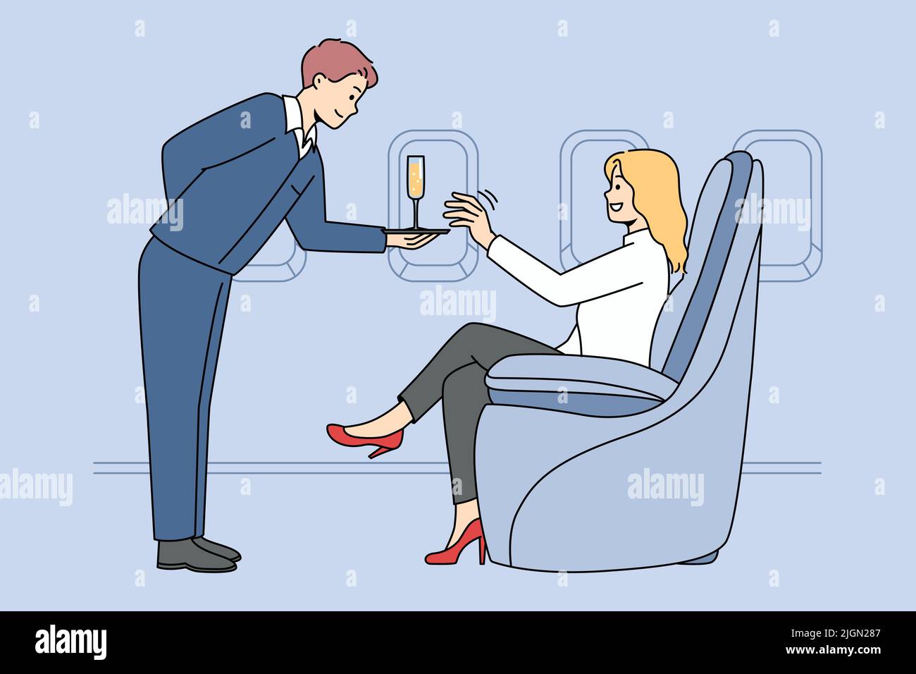 Woman get exceptional service in business class in plane. Rich female passenger get champagne on board in luxury first class airplane. Vector illustration.  Stock Vector