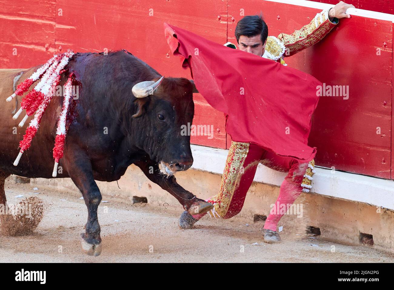 Pamplona, Spain. 11th July, 2022. Jes?s Enrique Colombo, bullfighter seen fighting the third bull of the afternoon during the festivities of San Fermin 2022. (Photo by Fernando Pidal/SOPA Images/Sipa USA) Credit: Sipa USA/Alamy Live News Stock Photo