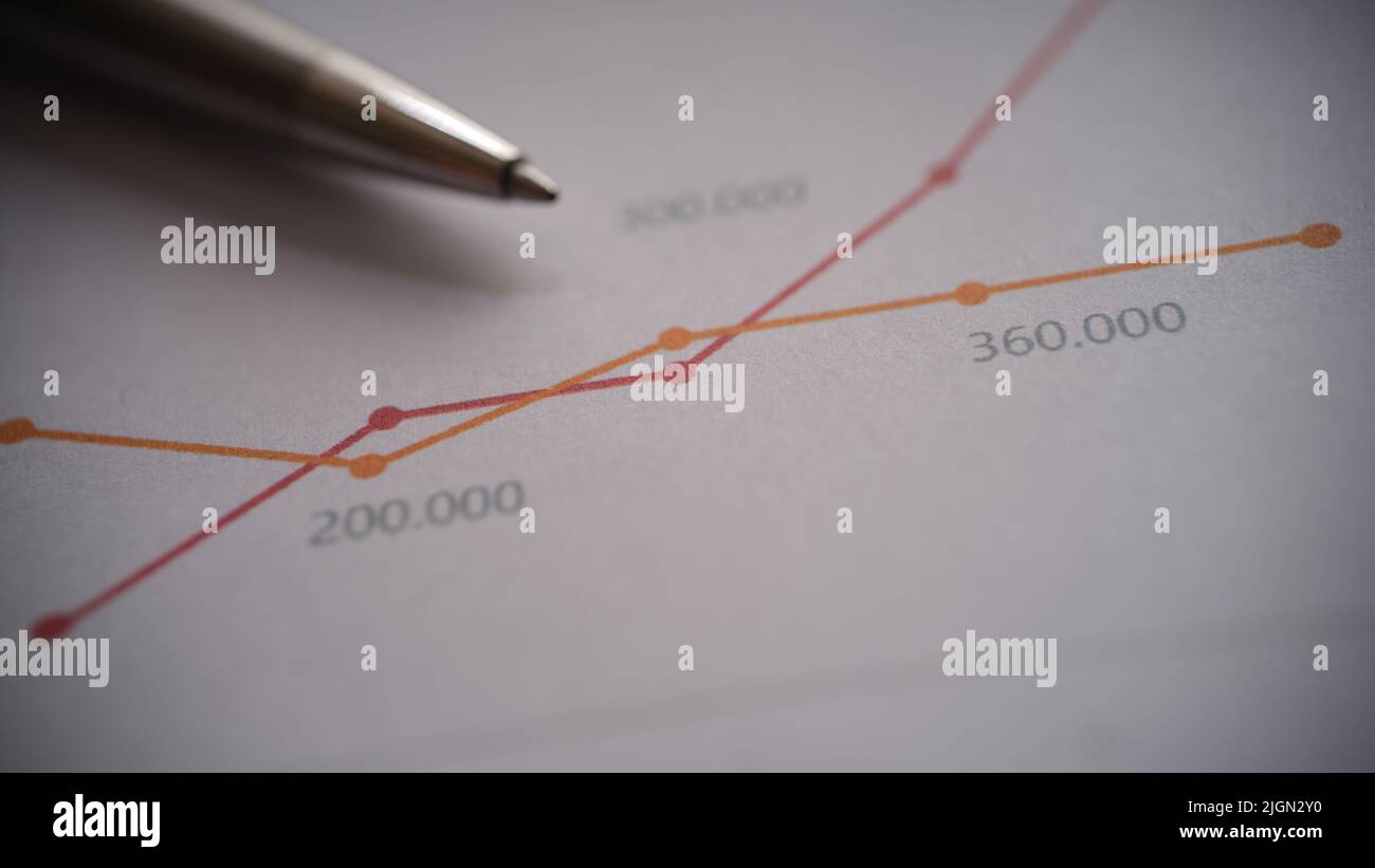 Metal pen on documents with colourful graphs with lines Stock Photo