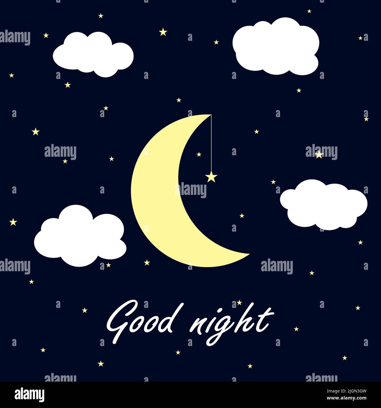 Good night vector illustration. Moon and stars in the night sky with