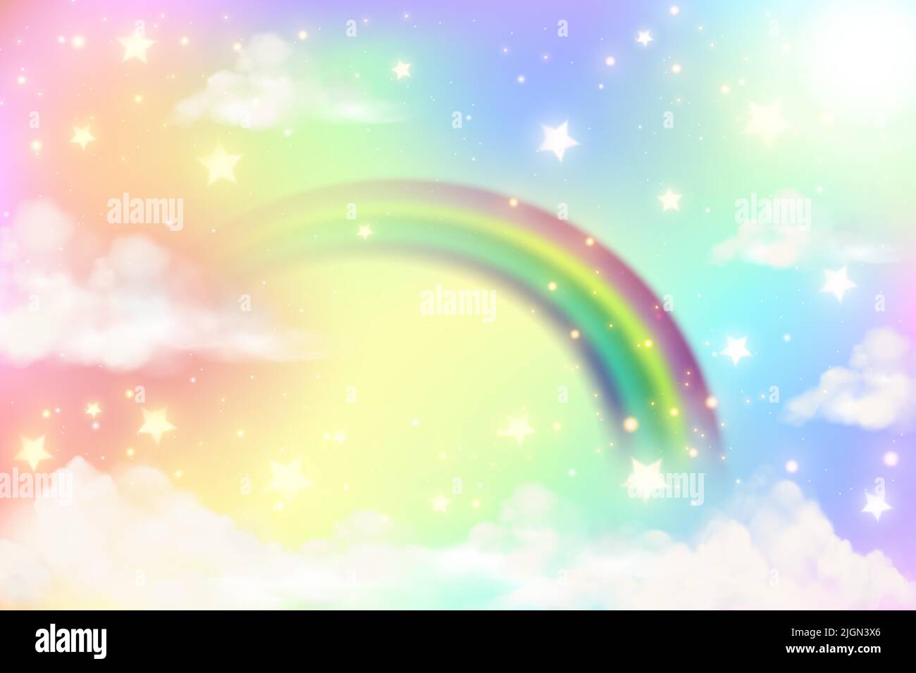 Rainbow background with clouds and stars on sky. Fantasy pastel color unicorn wallpaper. Abstract cute landscape. Vector illustration. Stock Vector
