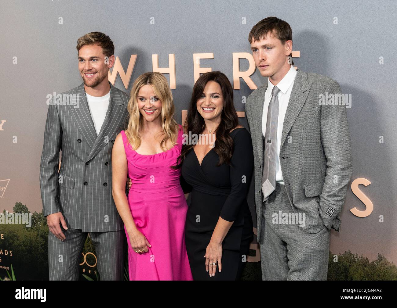 New York, NY - July 11, 2022: Taylor John Smith, Reese Witherspoon, Lauren Neustadter and Harris Dickinson attend premiere of the movie 'Where The Crawdads Sing' at Museum of Modern Art Stock Photo