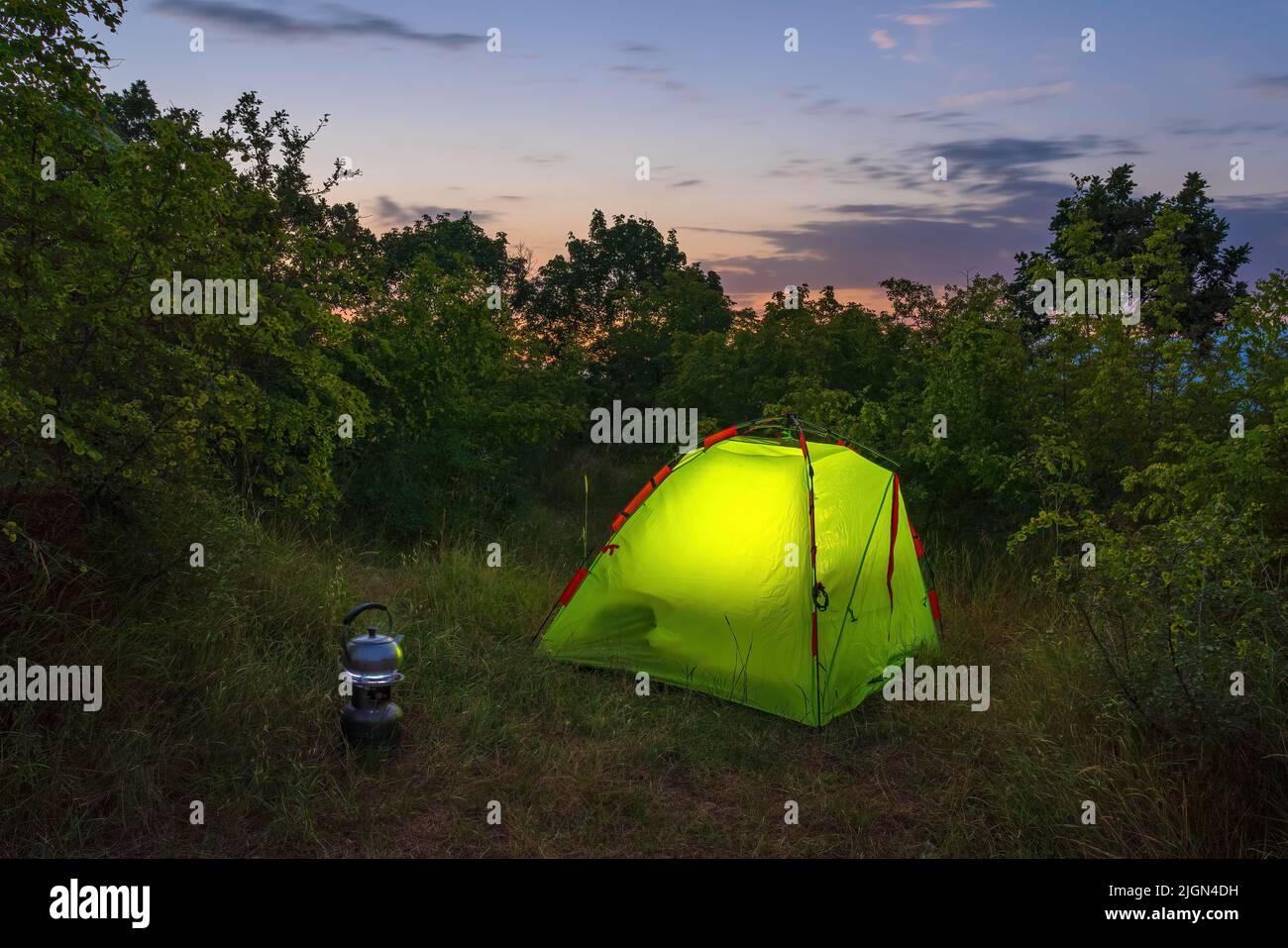 Light in a tent camping at night Stock Photo