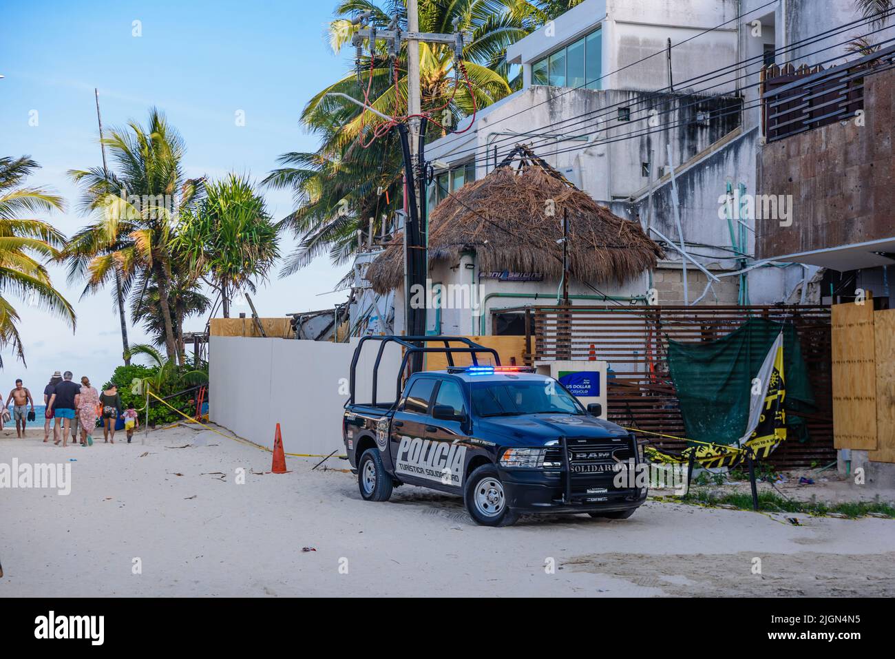 PLAYA DEL CARMEN, MEXICO - APR 2022: police pickup RAM on the beach. Stock Photo