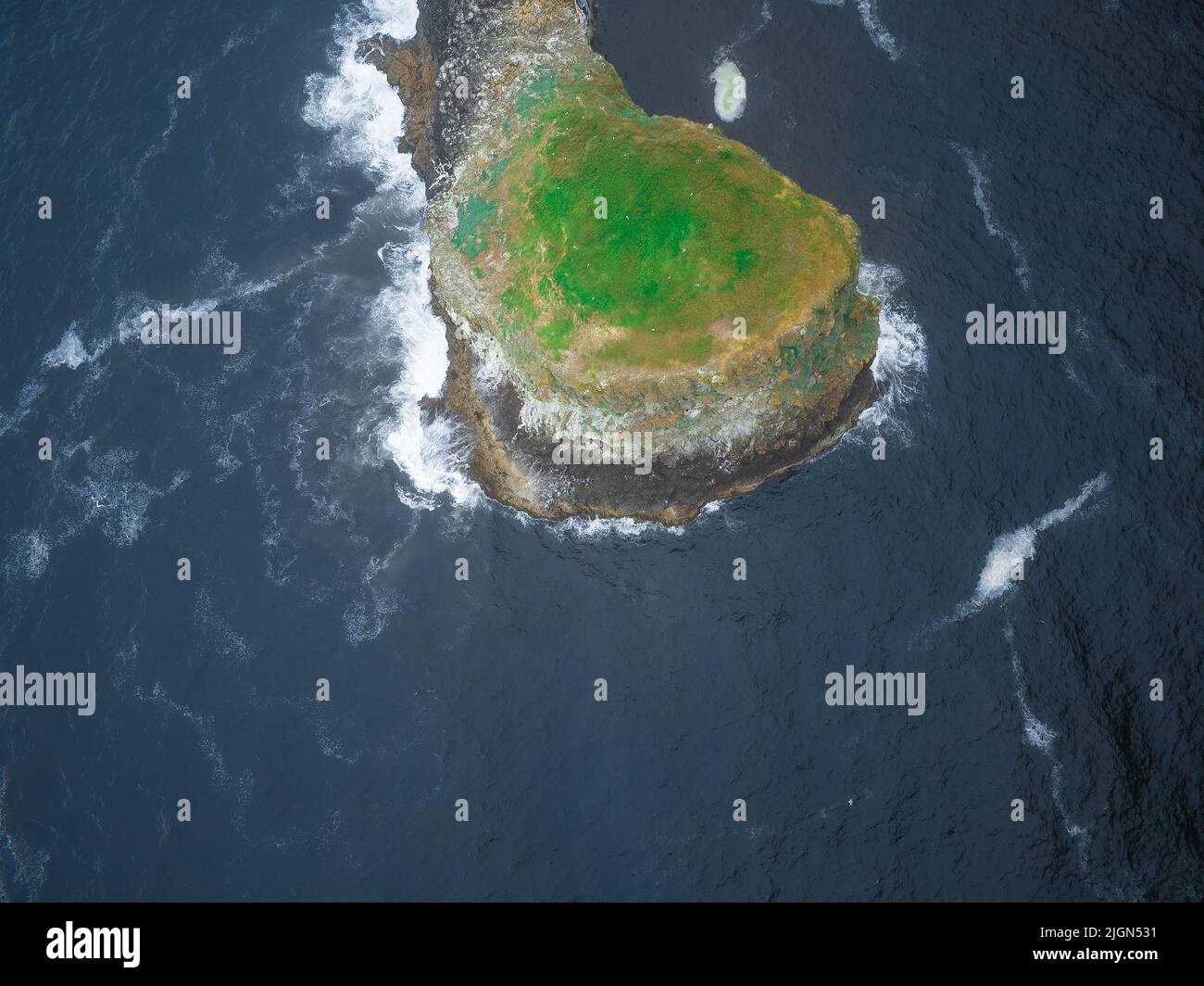 Top view of a small island in the ocean covered with green grass. The ...