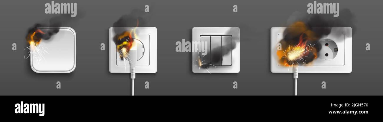 Short circuit fire in socket with plug and switch, wiring overload. Broken electrical connection, ignition hazard due to faulty wires, shortcut at home electric system Realistic 3d vector illustration Stock Vector