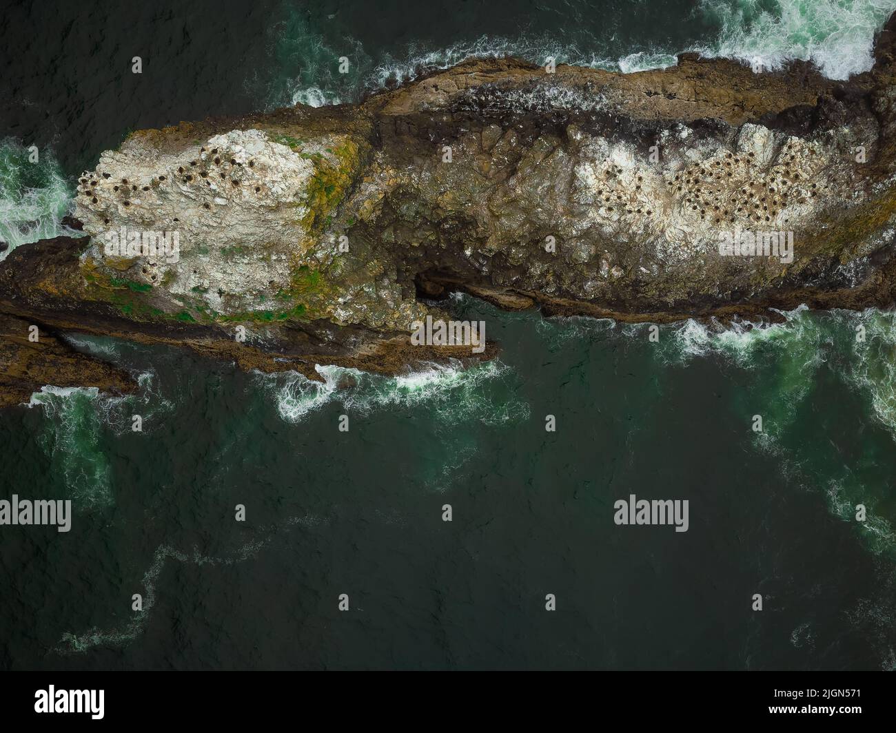 A bizarrely shaped island covered with green moss in the ocean. There ...