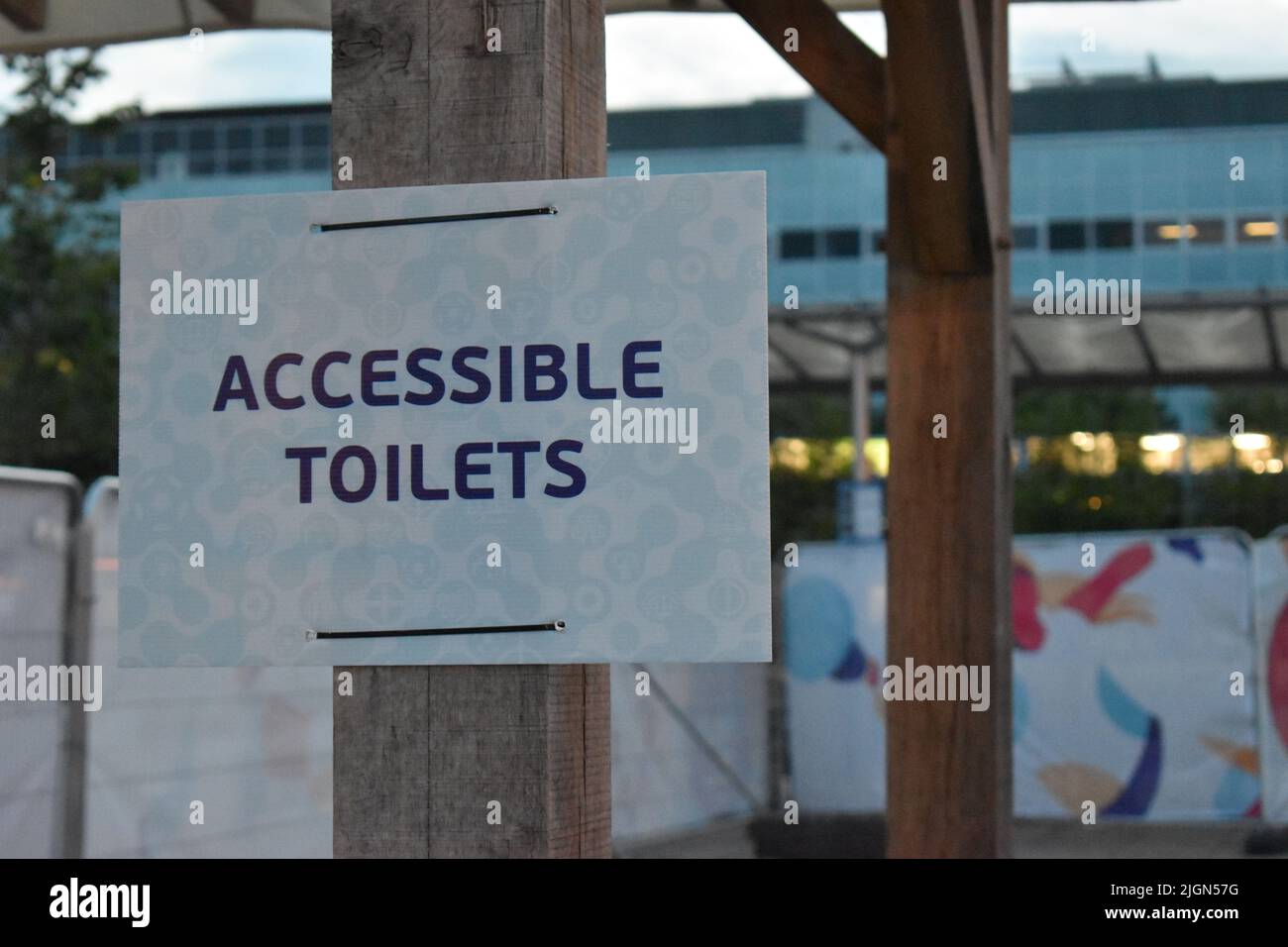 A sign at the Fan Zone in Station Square, Milton Keynes for the UEFA Women's Euro 2022: 'Accessible Toilets'. Stock Photo