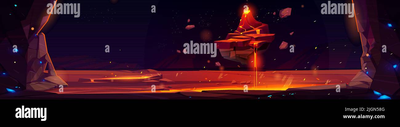 Game landscape of dark cave with hot lava and volcano on floating island. Vector cartoon fantasy illustration of underground stone tunnel with molten magma and flying volcano Stock Vector