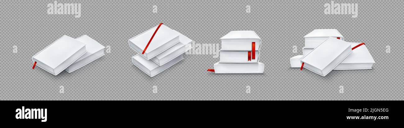 Mockup of blank paper books with white cover and red ribbon bookmark. Vector realistic template of 3d stacks of closed catalogs, diaries or dictionaries with empty hardcover Stock Vector