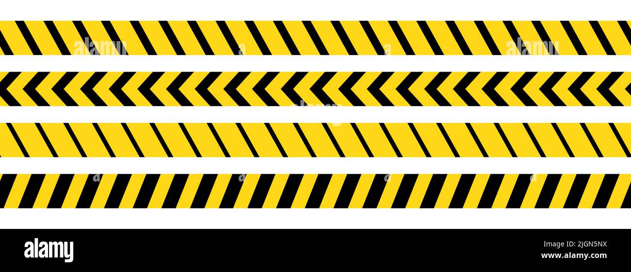 Caution, safety tape. Yellow, black stripe danger tape for atterntion, hazard ribbon. Police, construction area sign banner, barrier symbol. Vector illustration. Stock Vector